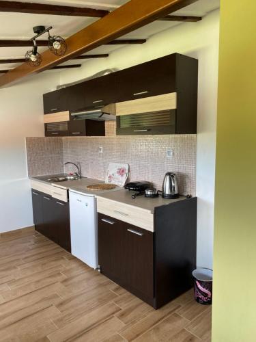 a kitchen with a sink and a counter top at Ξενώνας Κερκινίτης in Lithótopos