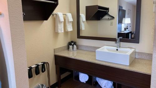 a bathroom with a sink and a mirror at Quality Inn & Suites I-10 near Fiesta Texas in San Antonio