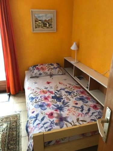 1 Schlafzimmer mit einem Bett mit Blumenbettdecke in der Unterkunft Verzaschina in Gordola