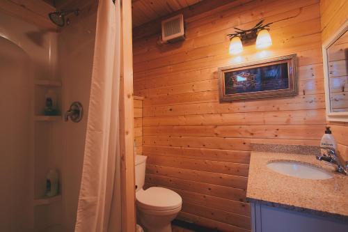 a bathroom with wooden walls and a toilet and a sink at Denali Wild Stay - Bear Cabin with Hot Tub and Free Wifi, Private, sleep 6 in Healy