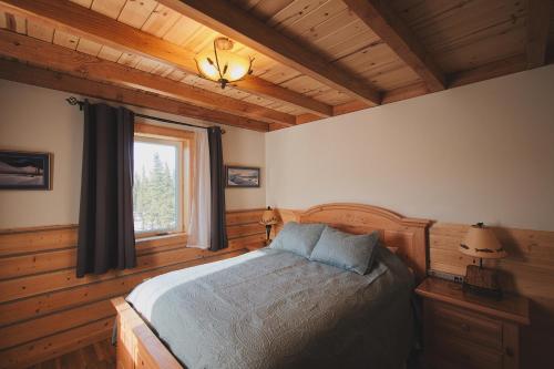 a bedroom with a bed in a room with a window at Denali Wild Stay - Bear Cabin with Hot Tub and Free Wifi, Private, sleep 6 in Healy