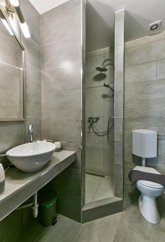 a bathroom with a shower and a sink and a toilet at Szent Kristóf Panzió in Eger