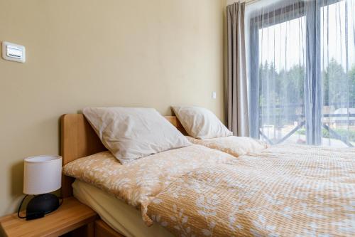 a bedroom with a bed with a large window at Nela by Mountain ways in Loučná pod Klínovcem