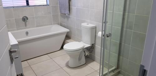 Un baño con inodoro y ducha de cristal. en Blyde Lagoon View Apartment, en Pretoria