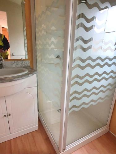 a shower in a bathroom with a sink at Chalet-home familiar "CAL ÍNDIA" "Pet friendly" in Sant Carles de la Ràpita