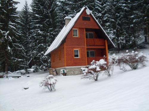 a wooden cabin in the snow with trees at Rekreačná Chata in Jakubovany
