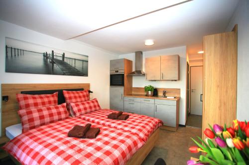 1 dormitorio con 1 cama con manta roja y blanca a cuadros en Überlinger See-Apartments Apartment 5 Über-See, en Überlingen