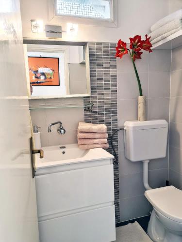 a small bathroom with a sink and a toilet at BEACH HOUSE ZECJA in Poljica