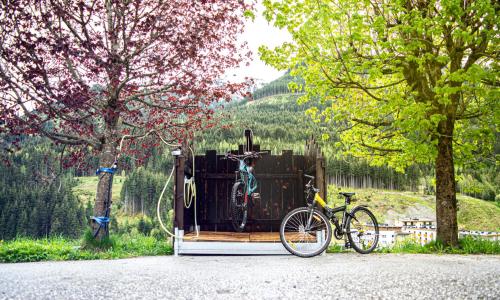 a bike parked next to a house with a tree at Pension Seighof in Saalbach Hinterglemm