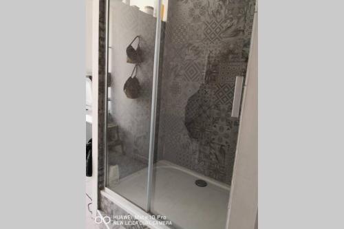 La salle de bains est pourvue d'une douche avec une porte en verre. dans l'établissement Appartement avec Jardin privatif centre ville, à Hyères