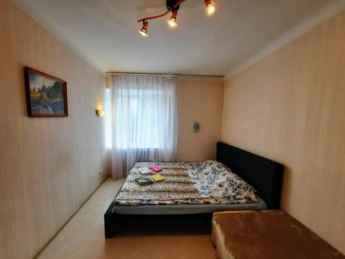 Habitación pequeña con cama y ventana en Saules 73, en Daugavpils