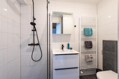 a white bathroom with a shower and a sink at Grasse 148 - Kustpark Village Scaldia in Hoofdplaat