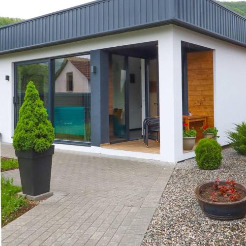 an extension to a house with glass doors and a patio at Drina Resort in Bajina Bašta