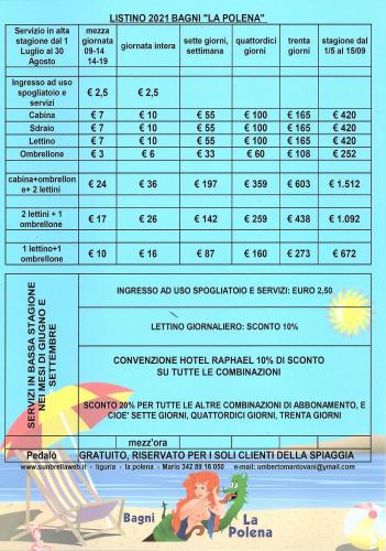a chart of the cost of a beach umbrella at Hotel Raphael in Bordighera