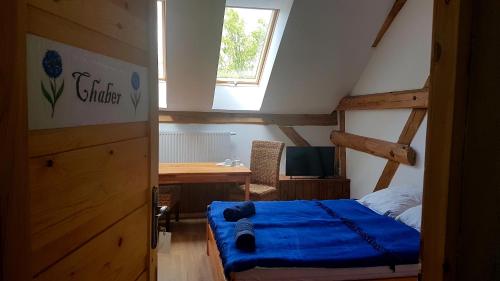 Kleines Zimmer mit einem Bett und einem Schreibtisch. in der Unterkunft Dziewanna in Brzeziniec