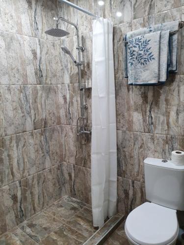 a bathroom with a shower with a toilet and a shower at Family Hotel Lazuren Briag in Burgas City