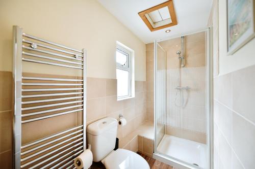 a bathroom with a toilet and a shower at Guest Homes - Gerald House in Swansea