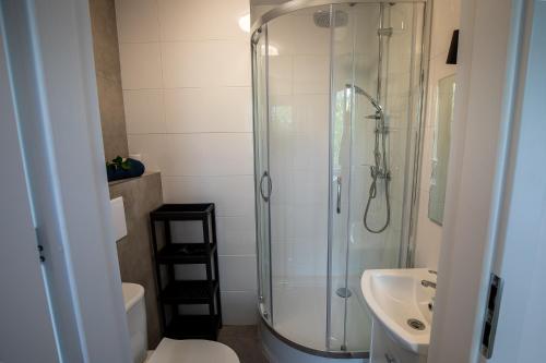 a bathroom with a shower and a toilet and a sink at Apartament Kuba in Warsaw