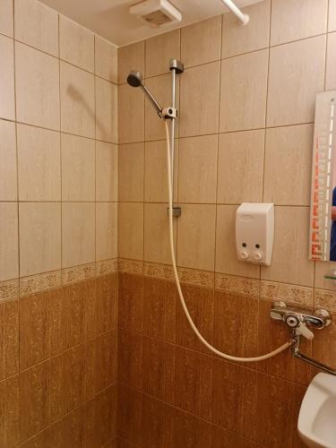 a shower in a bathroom with a hose on the wall at Felixi Maja in Viljandi