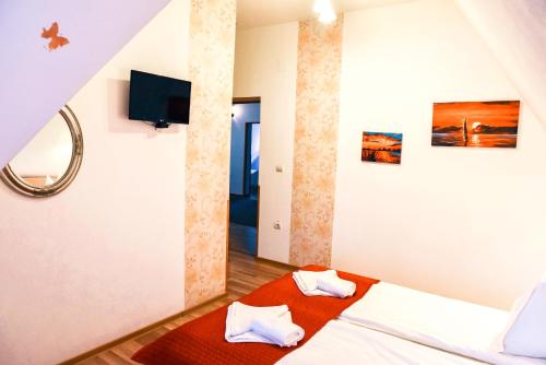 a bedroom with a bed with a red blanket at Pensiunea Vila Silva I in Haţeg