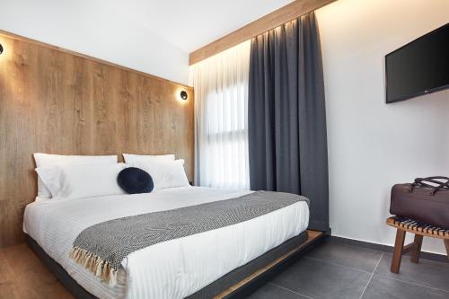 a bedroom with a large bed and a television at Λιθεία-Lithia in Ioannina