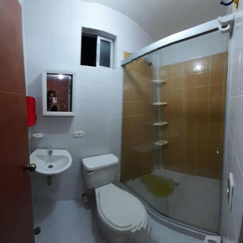 a bathroom with a toilet and a sink and a shower at Apartasol El Encanto in San Jerónimo