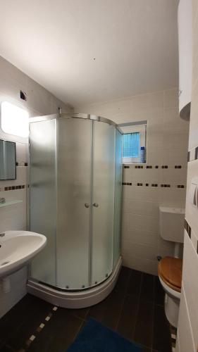 a bathroom with a shower and a sink and a toilet at Littlepanther Balaton in Balatonföldvár