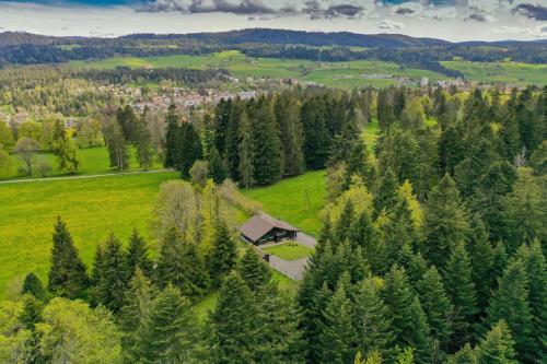 an aerial view of a house in a field with trees at Chalet en pleine nature avec Spa in Le Locle