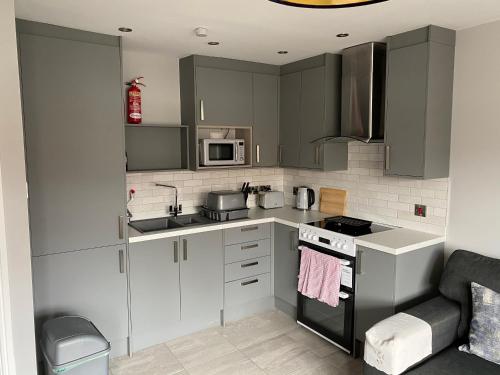 a kitchen with gray cabinets and a stove top oven at Buile Hill Holiday Flats in Llandudno