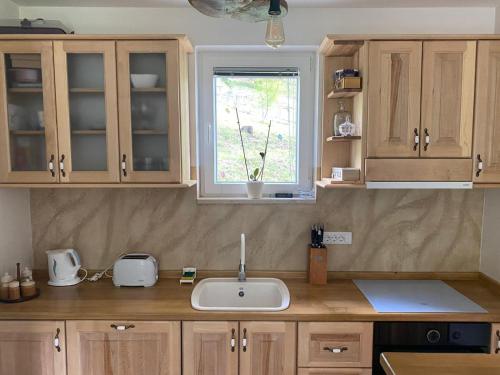 un comptoir de cuisine avec un évier et une fenêtre dans l'établissement Milka house, à Korenica
