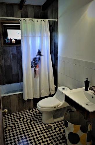a bathroom with a toilet and a shower curtain with a bird on it at CASA BARCA DE CHILOÉ in Castro