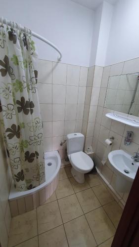 a bathroom with a toilet and a sink and a shower curtain at Restauracja Domenico w Tylawie in Tylawa