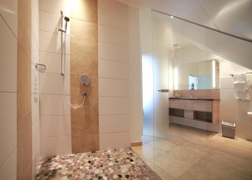 W łazience znajduje się kabina prysznicowa i umywalka. w obiekcie Hotel Rössle w mieście Fürstenberg