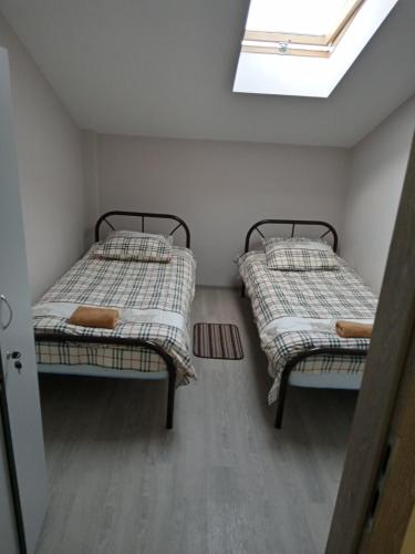 2 łóżka w małym pokoju z oknem dachowym w obiekcie Gelena w mieście Użhorod