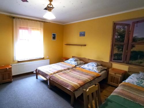 sypialnia z 2 łóżkami i oknem w obiekcie Willa Helena w Cisnej