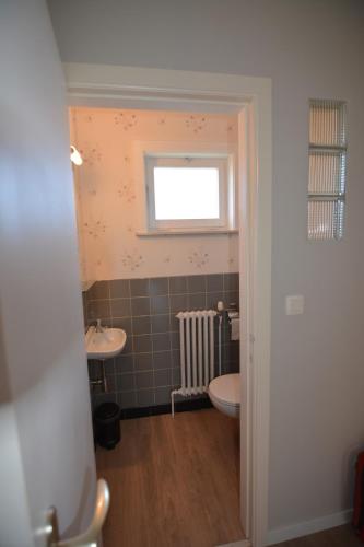a bathroom with a sink and a toilet and a window at Villa O'Soleil in De Panne