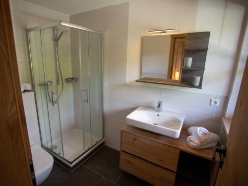 a bathroom with a shower and a sink and a mirror at Ramslerhof - Chiemgau Karte in Inzell