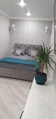 een slaapkamer met een bed en een potplant op een tafel bij Квартира в центре in Poltava