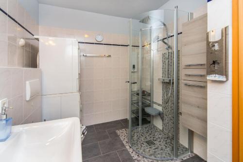 a bathroom with a shower and a toilet and a sink at Ferienpark Freesenbruch Wohnung 4 5 - Kranichtanz in Zingst
