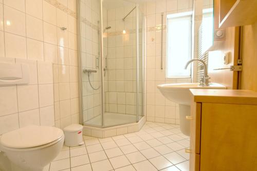 a bathroom with a toilet and a shower and a sink at Hoppenberg 7 EG links in Zingst