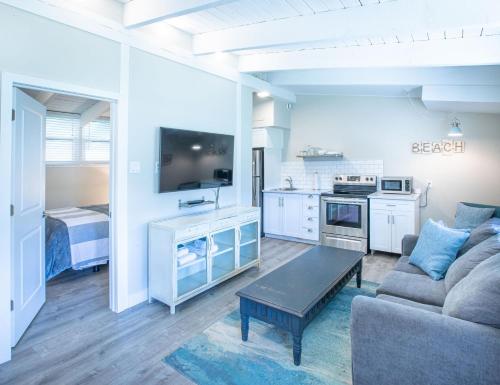 a living room with a couch and a tv and a kitchen at Boutique Suite #6 in Blue Mountains