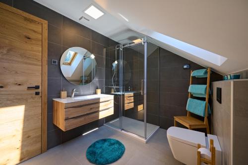 a bathroom with a sink and a shower with a mirror at Domačija Metul in Luče