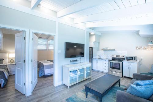 ein Wohnzimmer mit einem Sofa und einem TV sowie eine Küche in der Unterkunft 2BR Boutique Suite #8 in Blue Mountains