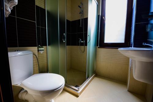 La salle de bains est pourvue de toilettes, d'une douche et d'un lavabo. dans l'établissement Relax Houses, à Ognyanovo