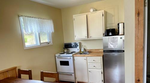 a kitchen with white cabinets and a refrigerator at Bonne Bay Cottages in Bonne Bay Pond