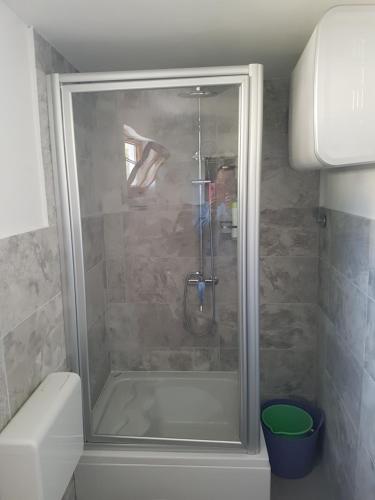 a shower with a glass door in a bathroom at Apartman STELLA MARIS in Veli Lošinj