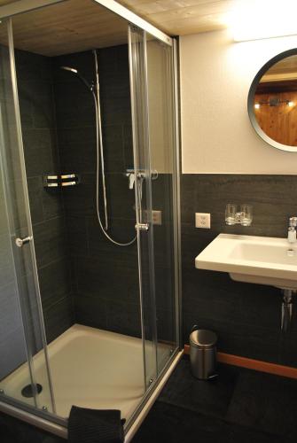 uma casa de banho com um chuveiro e um lavatório. em Hof Surri 