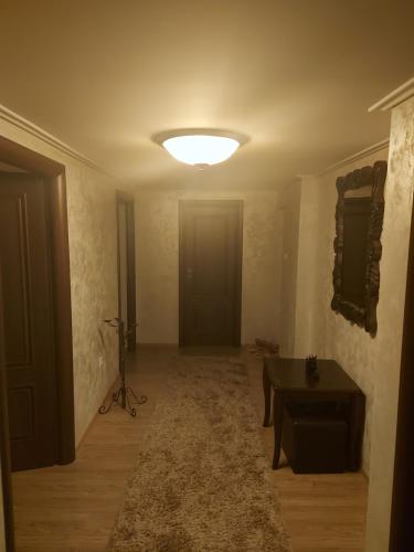 an empty room with a table and a light at CASA LUCA in Moldova Nouă