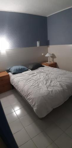 Ce lit se trouve dans une chambre dotée d'un mur bleu. dans l'établissement T2 CAP COUDALERE, au Barcarès