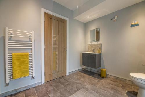 a bathroom with a toilet and a sink at Tipyn O Haul - 1 Bedroom Apartment - Tenby in Tenby
